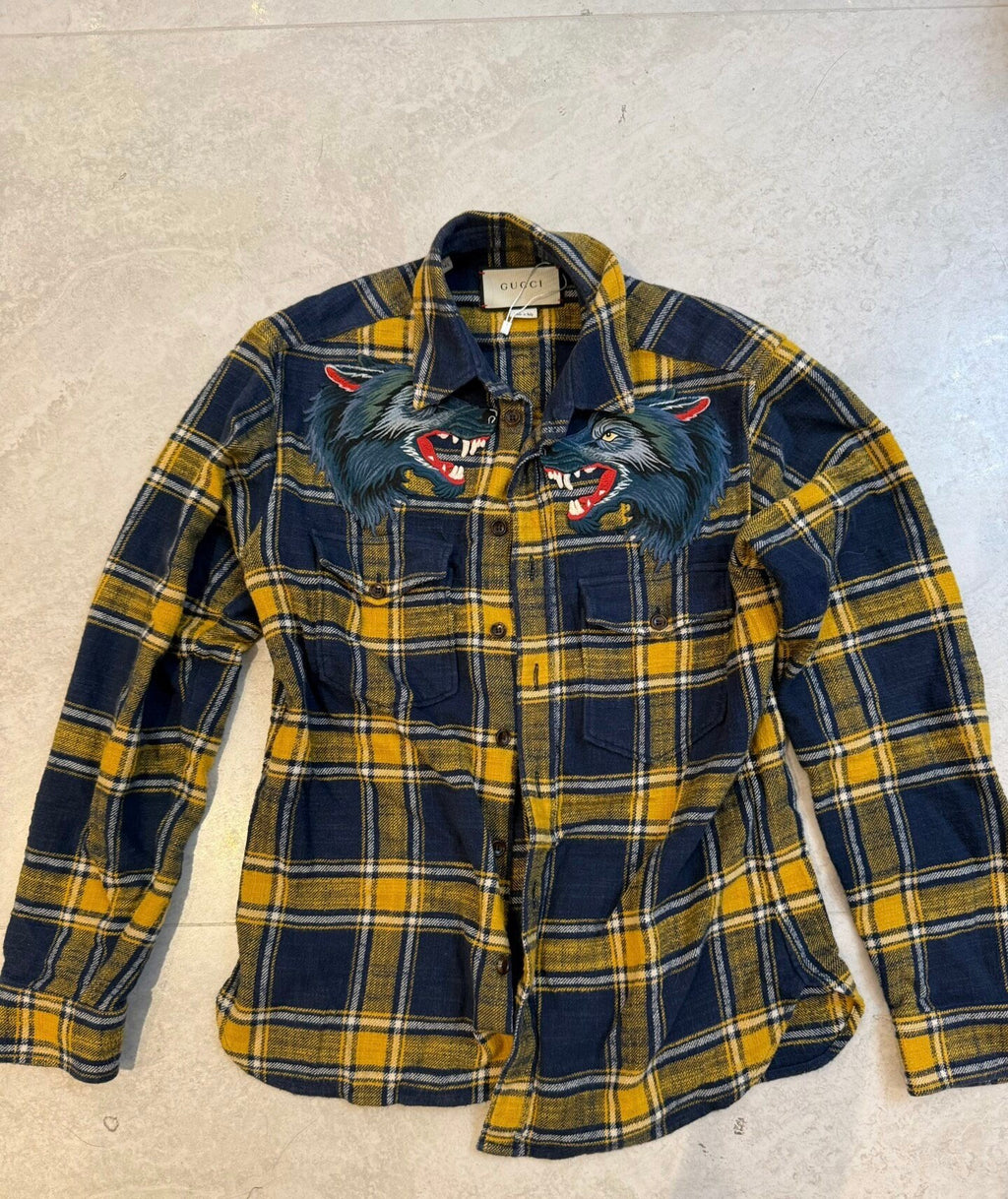 Gucci 17SS Animalium Wolf Embroidered Check Flannel Shirt