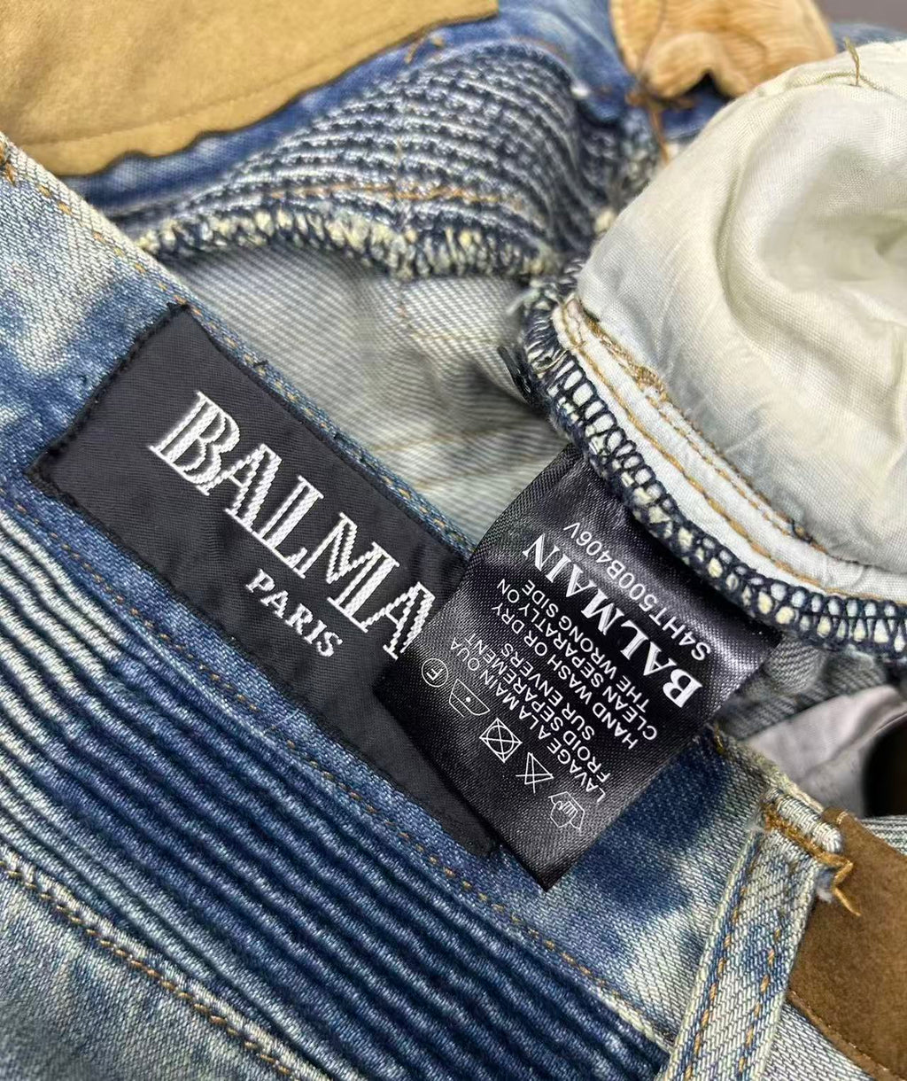 Balmain 15SS Biker Distressed Patchwork Denim Jeans