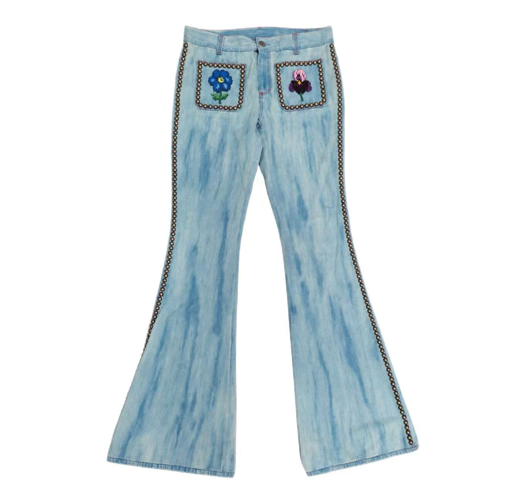 Gucci 17SS Studded Floral Embroidered Flare Jeans