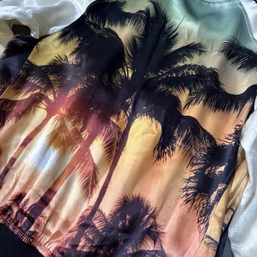 Balmain SS19 Sunset Palm Tree Satin Bomber Jacket