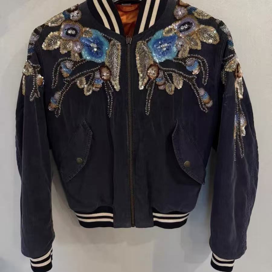 Gucci 17AW Floral Beaded Embellished Corduroy Bomber Jacket