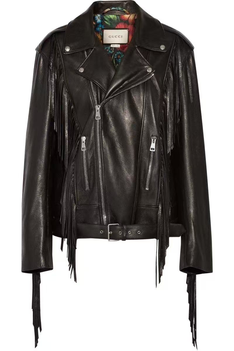 Gucci 17AW Black Leather Fringed Biker Jacket