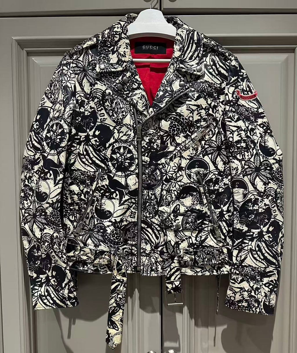 Gucci 18SS Graffiti Bird Print Biker Leather Jacket