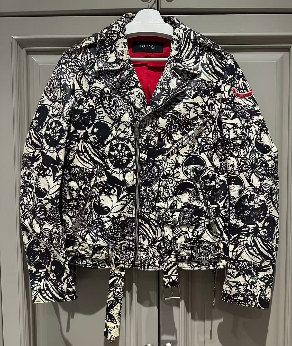 Gucci 18SS Graffiti Bird Print Biker Leather Jacket