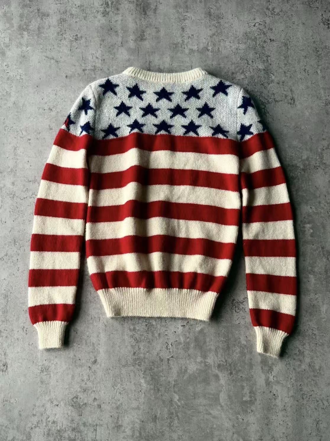 Saint Laurent 18AW American FlagStar‑Stripe Crewneck Sweater