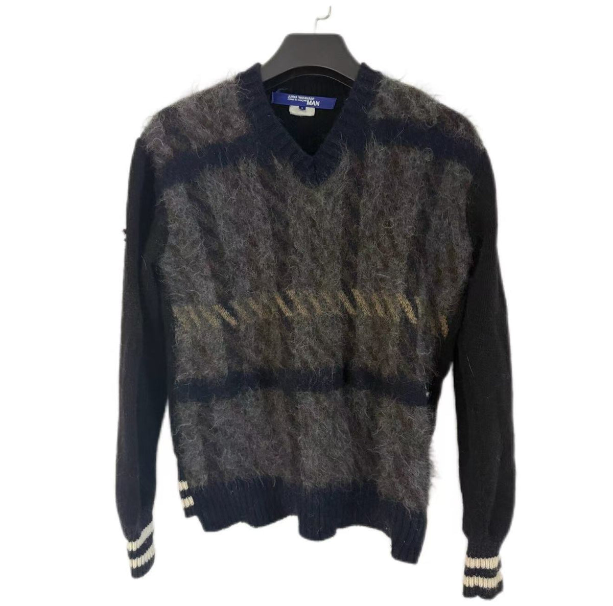 Junya Watanabe Comme des Garçons 19AW Grey and Black Wool Check V-Neck Sweater