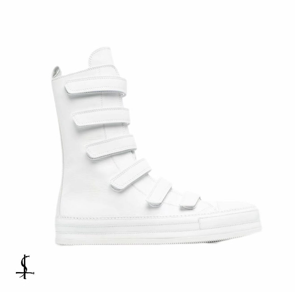 Ann Demeulemeester White 6 Strap Velcro High Top Leather Boots