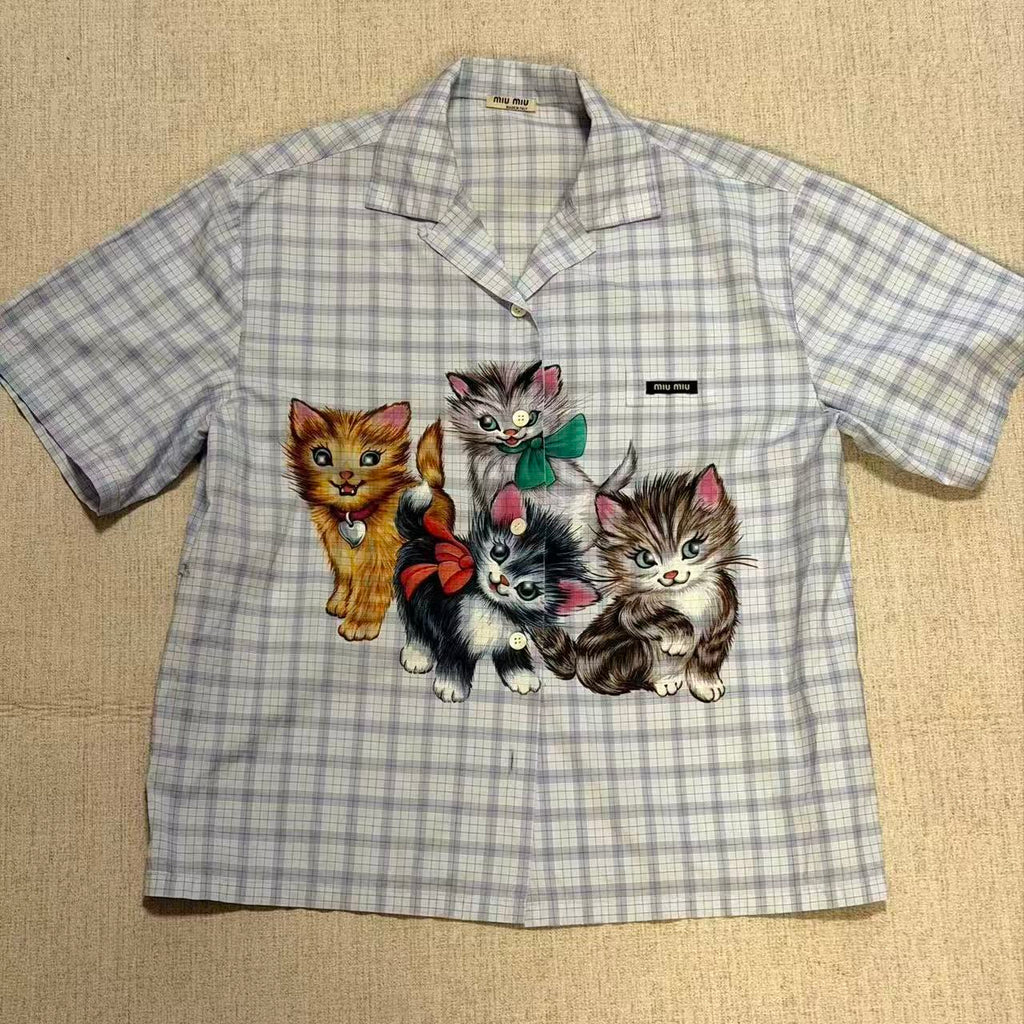 Miu Miu 20AW Check fil-à-fil cat-print shirt