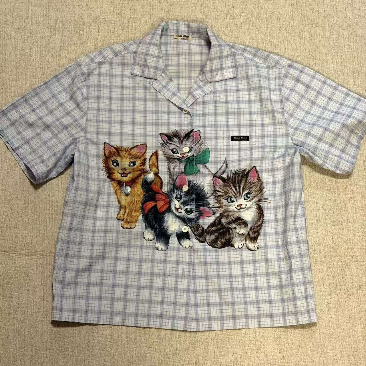 Miu Miu 20AW Check fil-à-fil cat-print shirt