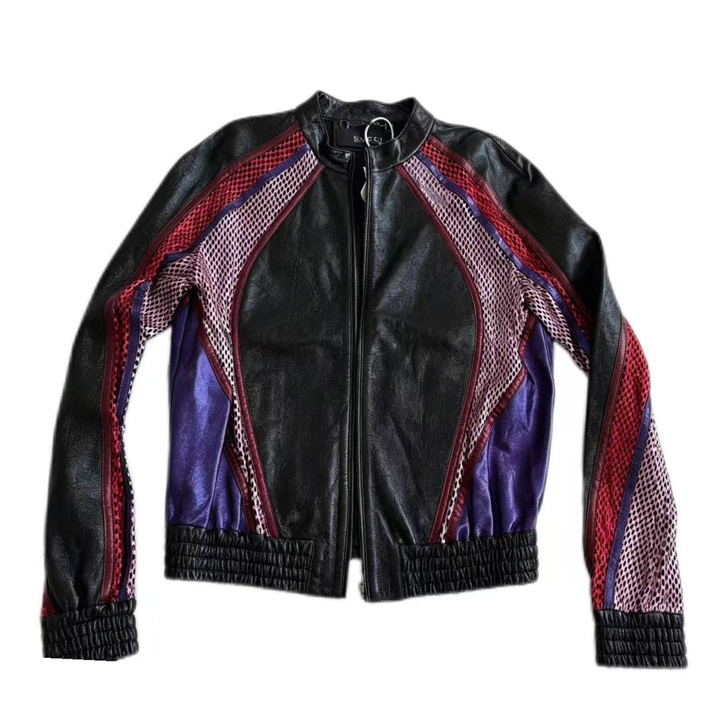 Gucci 14FW Multicolor Mesh Panel Leather Bomber Jacket