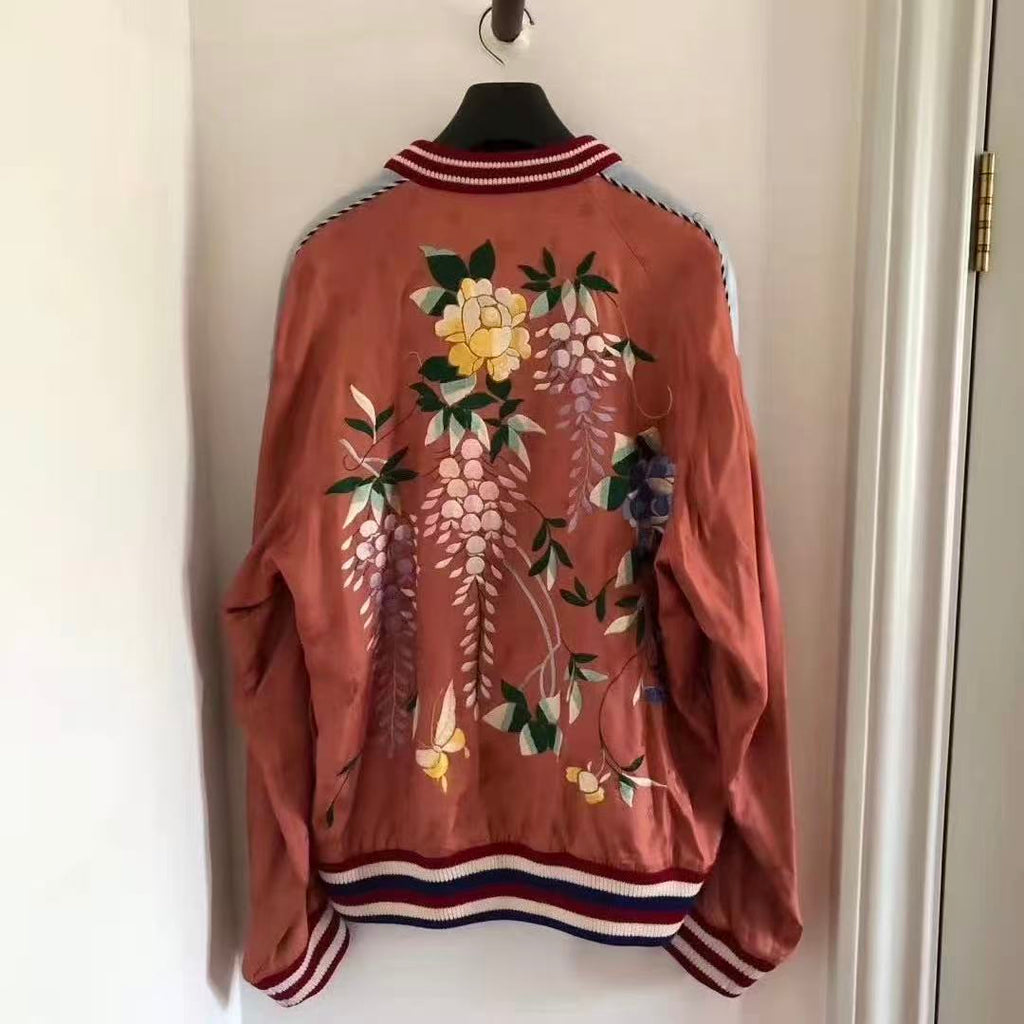 Gucci 17SS Wisteria Floral Embroidered Pink Silk Bomber Jacket