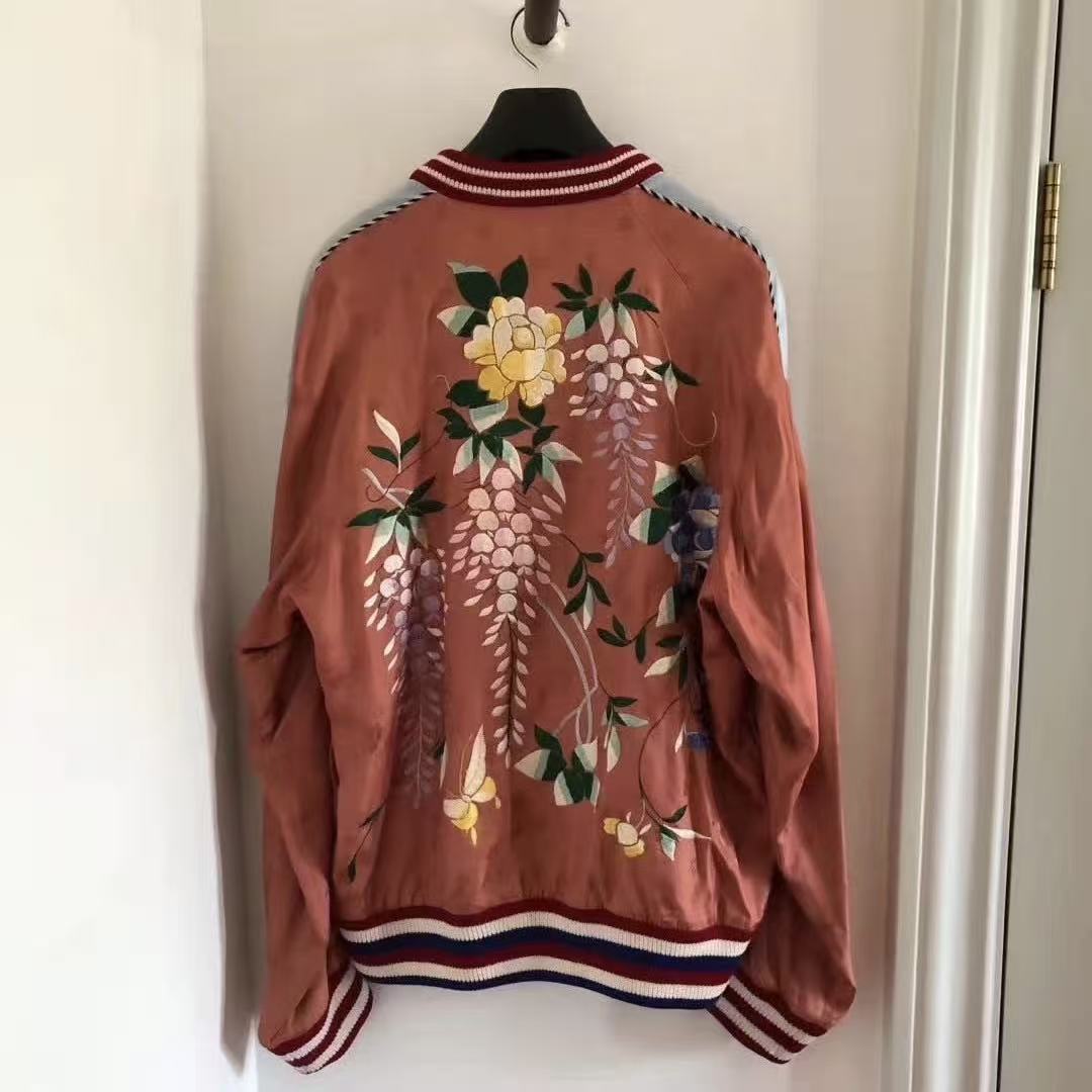 Gucci 17SS Wisteria Floral Embroidered Pink Silk Bomber Jacket