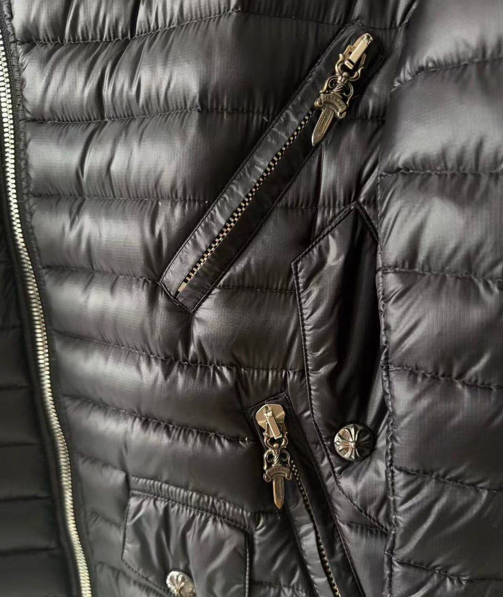 Chrome Hearts Dagger Zip Double Riders Black Quilted Down Jacket