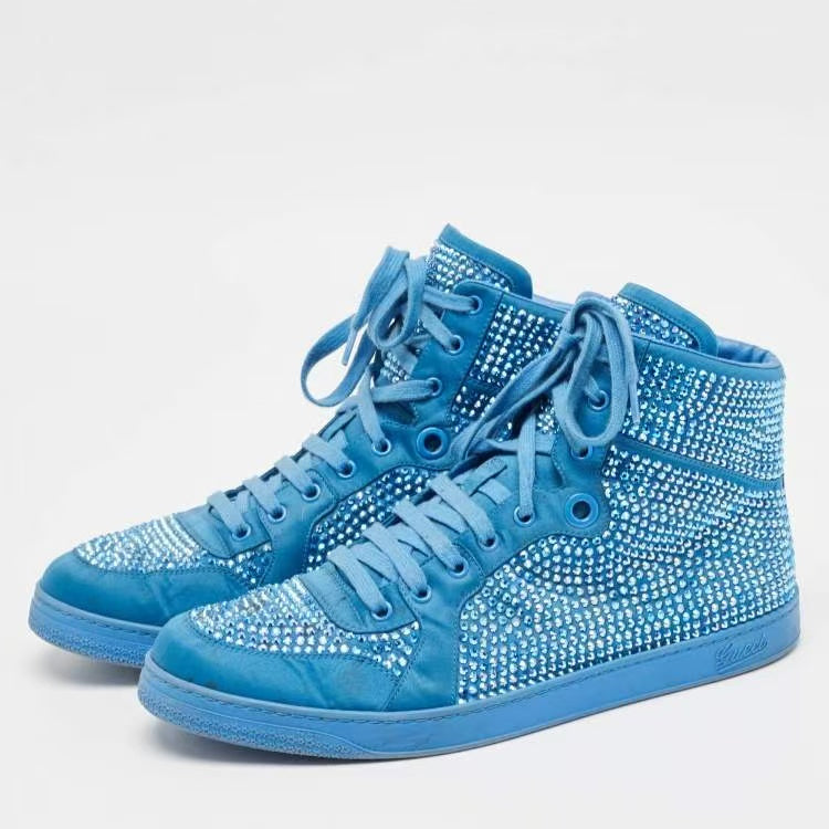 Gucci Blue Satin Coda Crystal High Top Sneakers