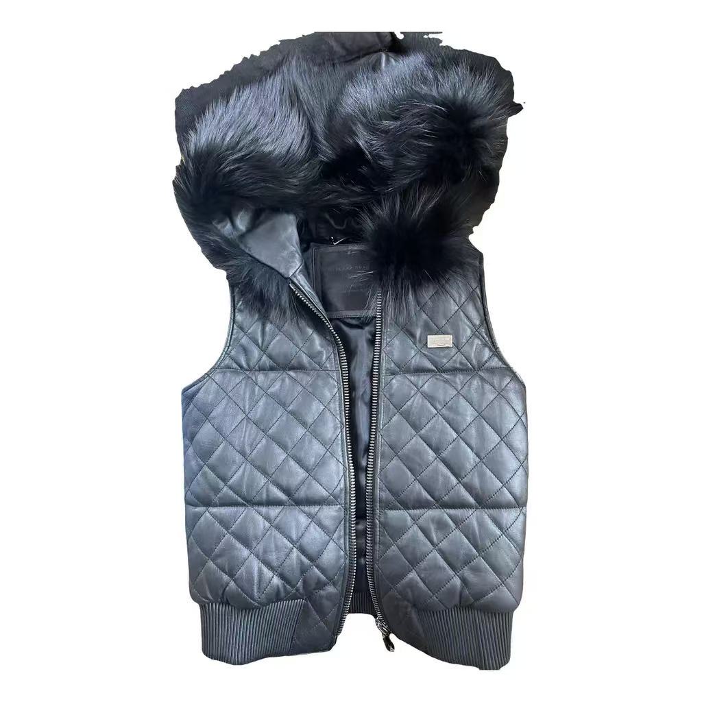 Philipp Plein Blouson Gilet Renard Noir Fourrure Capuche