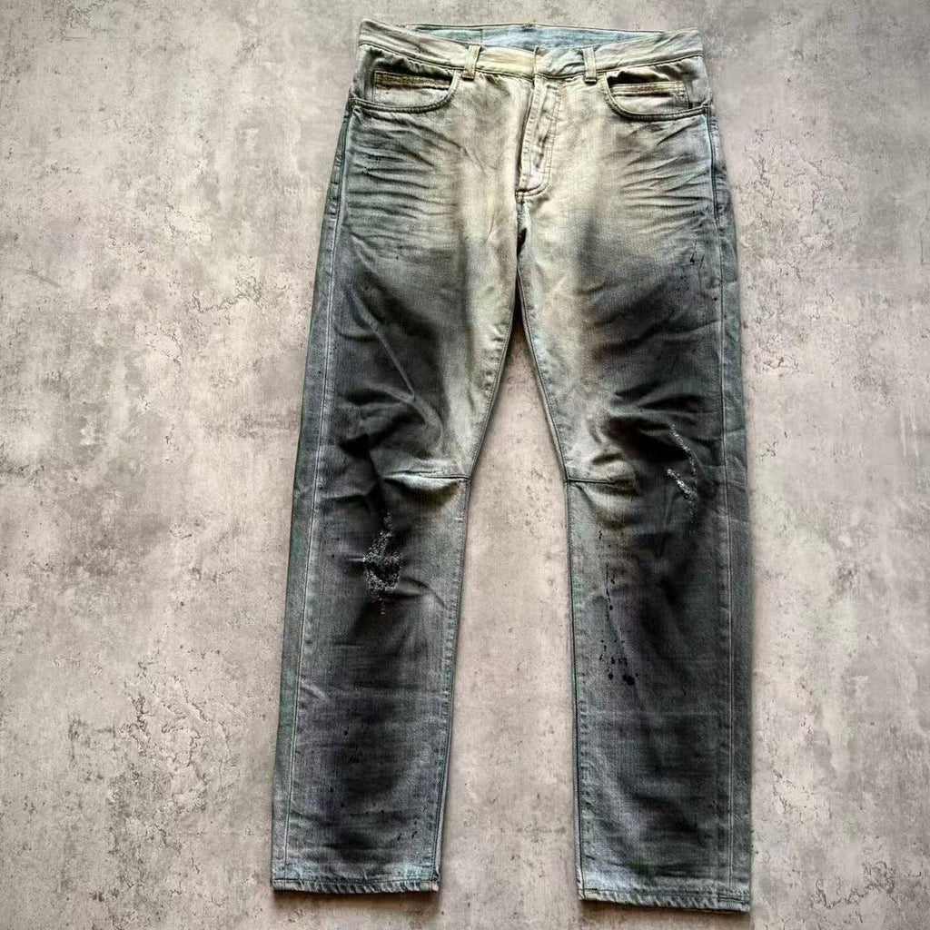 Balmain 11SS Ice Blue Wash Ghost‑Claw Oil‑Stain Splatter Curved Denim Jeans