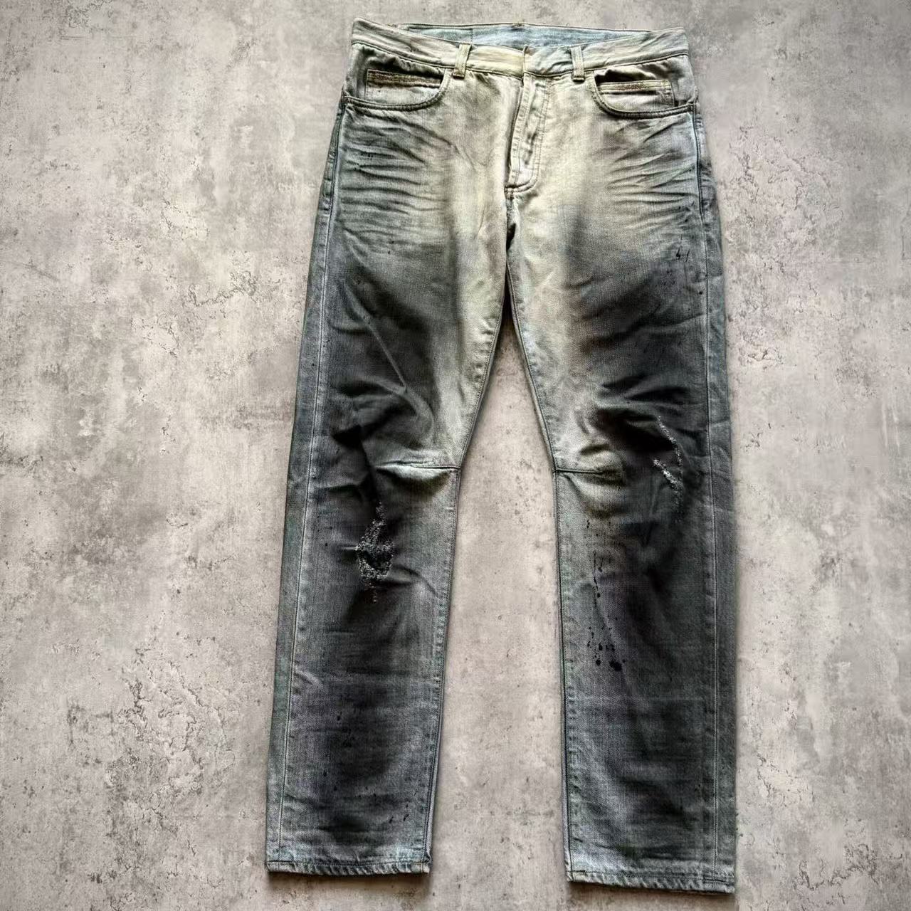 Balmain 11SS Ice Blue Wash Ghost‑Claw Oil‑Stain Splatter Curved Denim Jeans