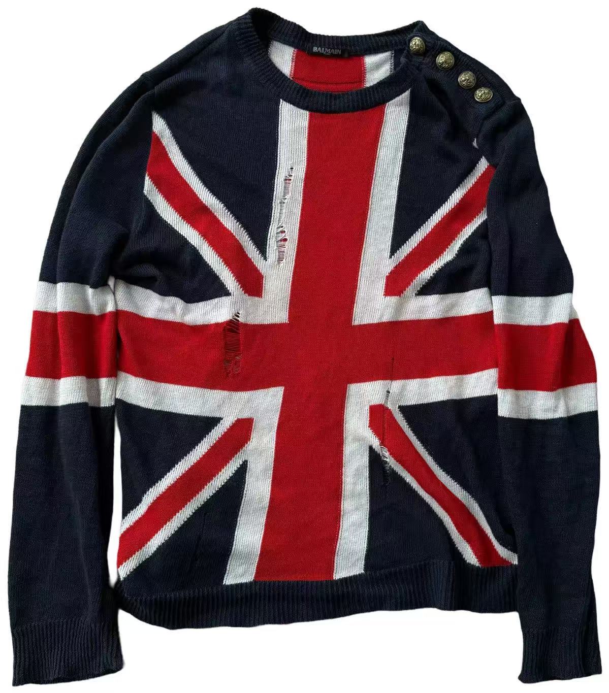 Balmain 16SS Distressed Union Jack Sweater