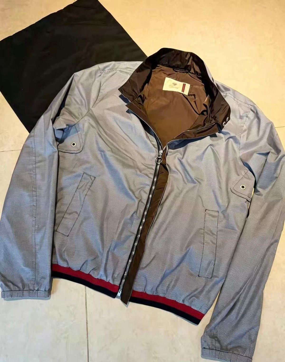 Gucci Reversible Grey Check Nylon Harrington Jacket