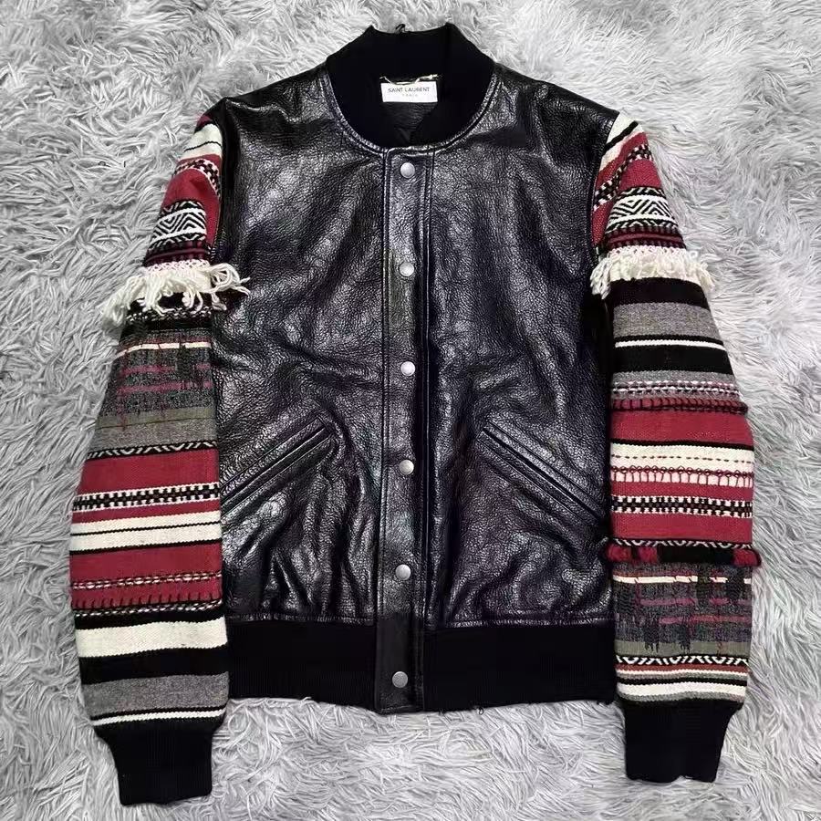 Saint Laurent 17FW Navajo Fringe Leather Teddy Varsity Jacket