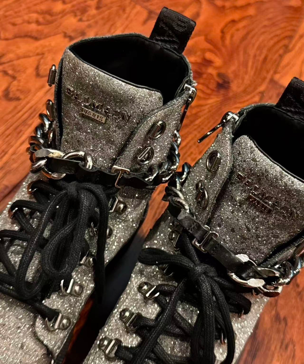 Balmain Ranger Army Glittered Ankle Boots