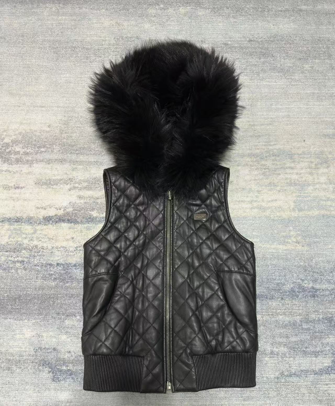 Philipp Plein Blouson Gilet Renard Noir Fourrure Capuche