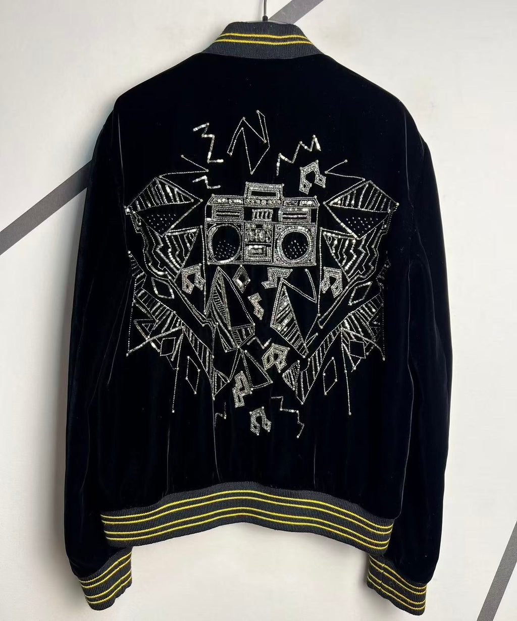 Saint Laurent 19FW Black Velvet Teddy Radio Bomber Jacket