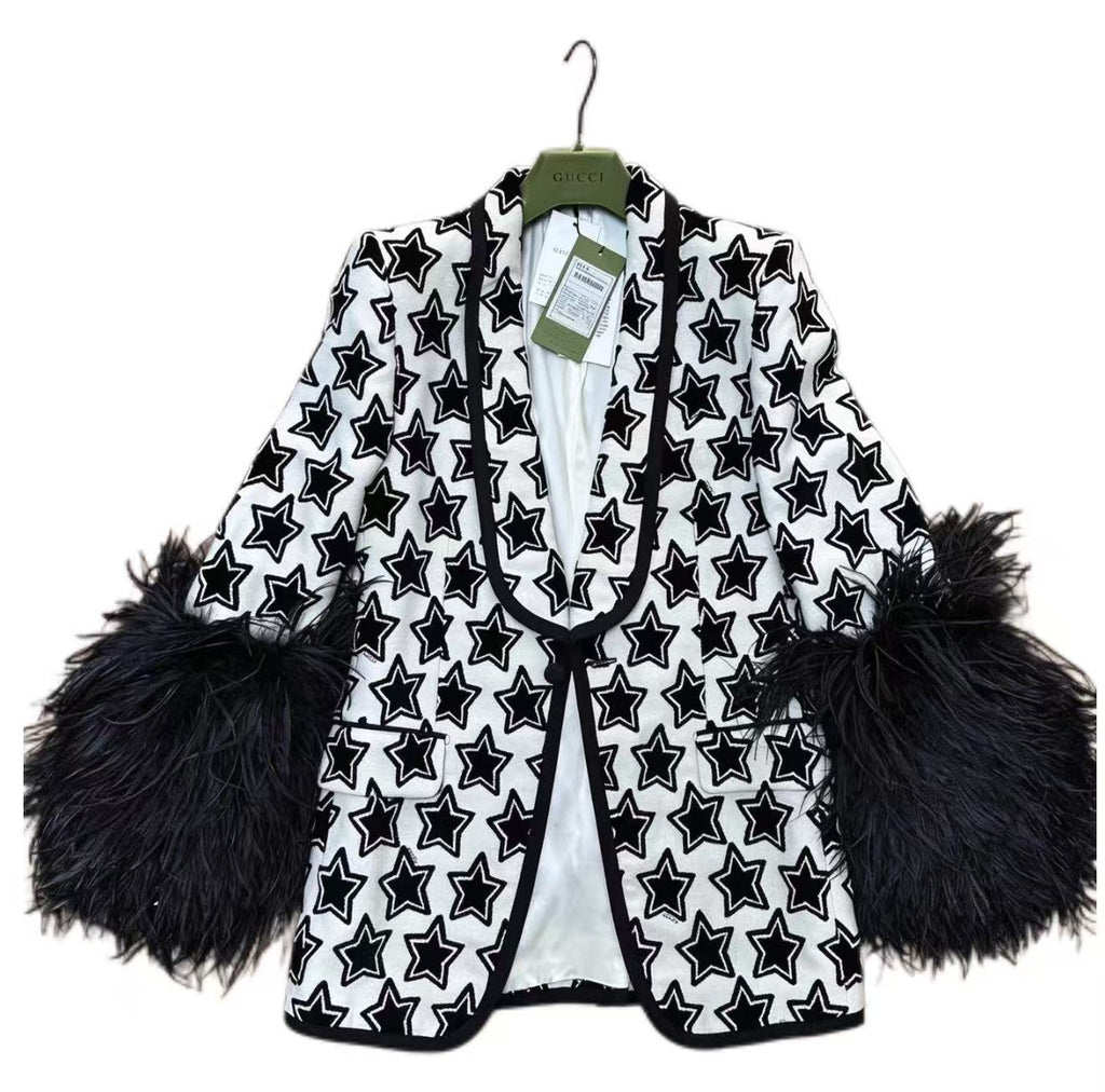 Gucci Printed Feather Trim Blazer