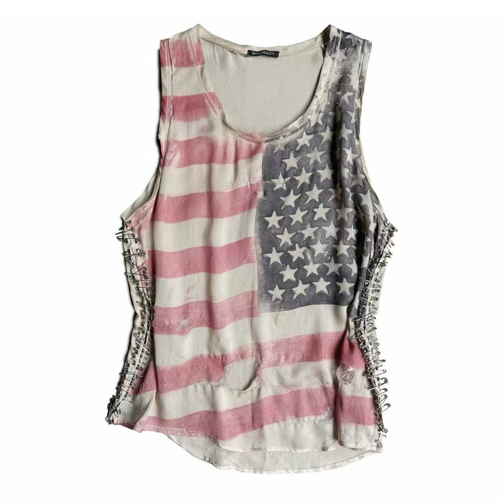 Balmain SS11 Distressed Safety Pins American Flag Tank Top