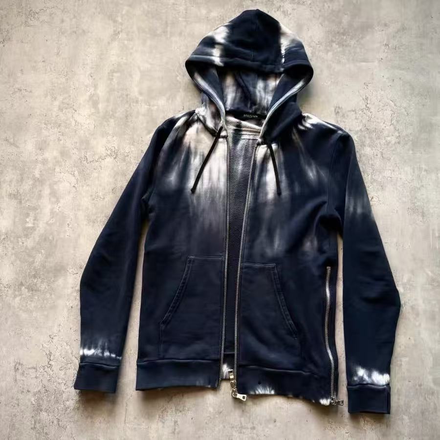 Balmain Navy Tie‑Dye Double Zip Side Zipper Hoodie