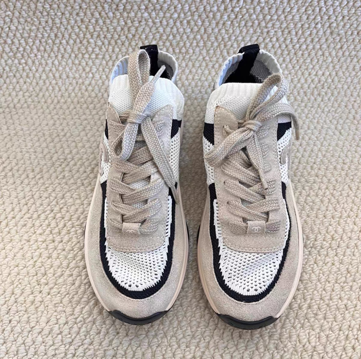 Chanel Beige “Sock-Style” CC Logo Sneakers – Subtle Platform Design