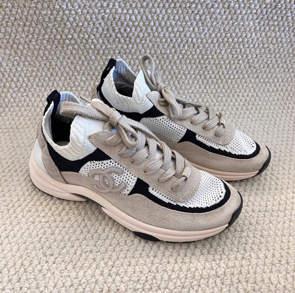 Chanel Beige “Sock-Style” CC Logo Sneakers – Subtle Platform Design