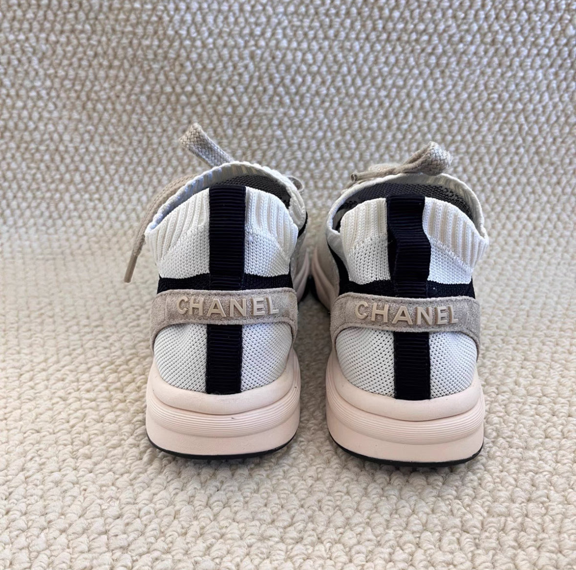 Chanel Beige “Sock-Style” CC Logo Sneakers – Subtle Platform Design