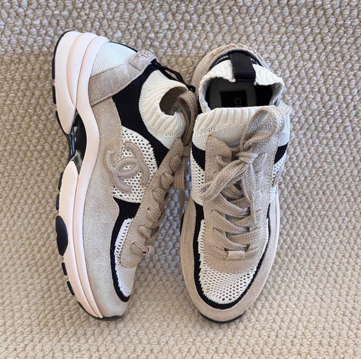 Chanel Beige “Sock-Style” CC Logo Sneakers – Subtle Platform Design