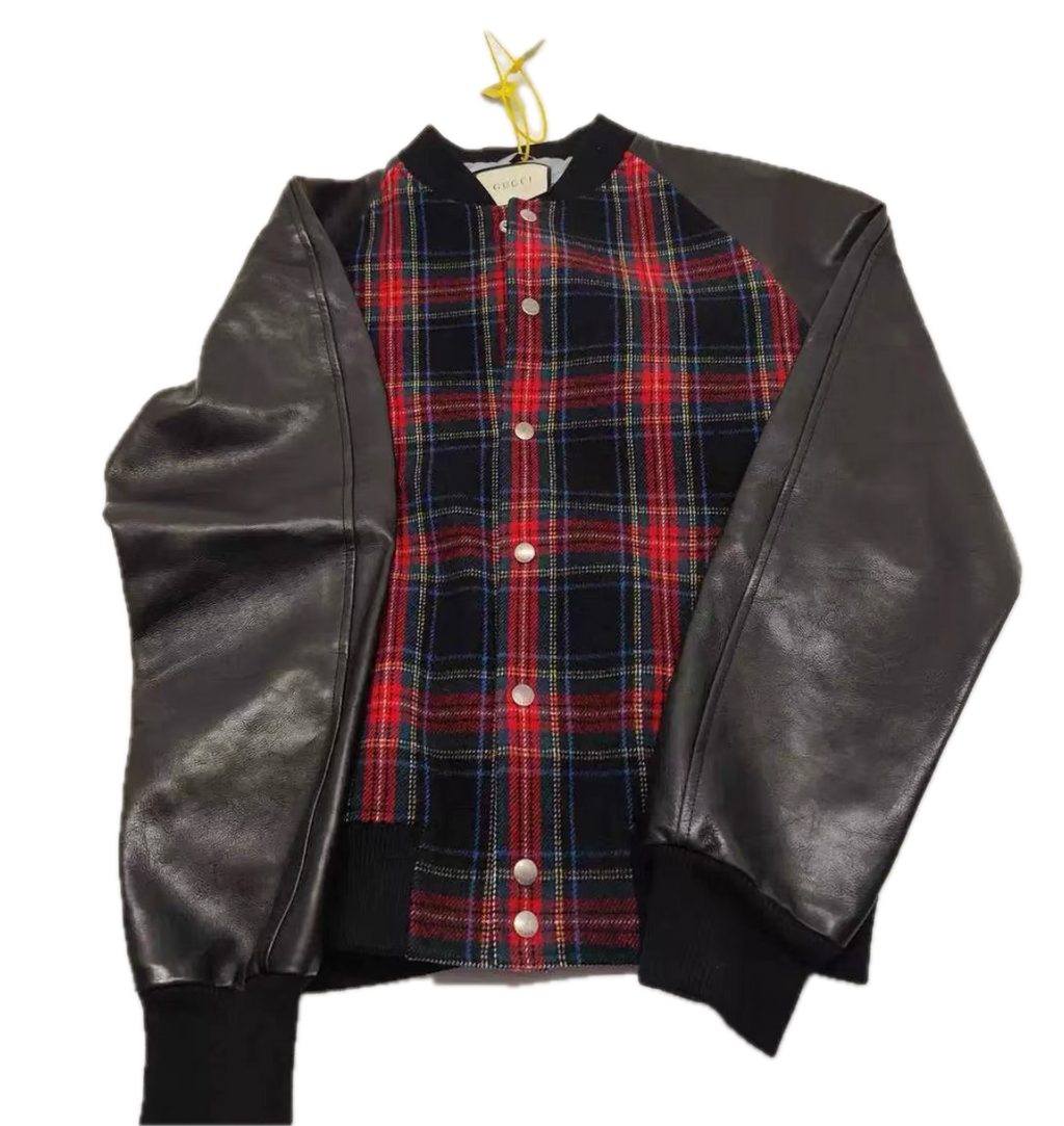 Gucci Leather & Hair-On Fabric Baseball Jacket with Sheepskin Sleeves – Warm