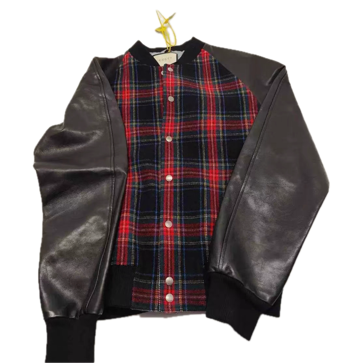 Gucci Leather & Hair-On Fabric Baseball Jacket with Sheepskin Sleeves – Warm