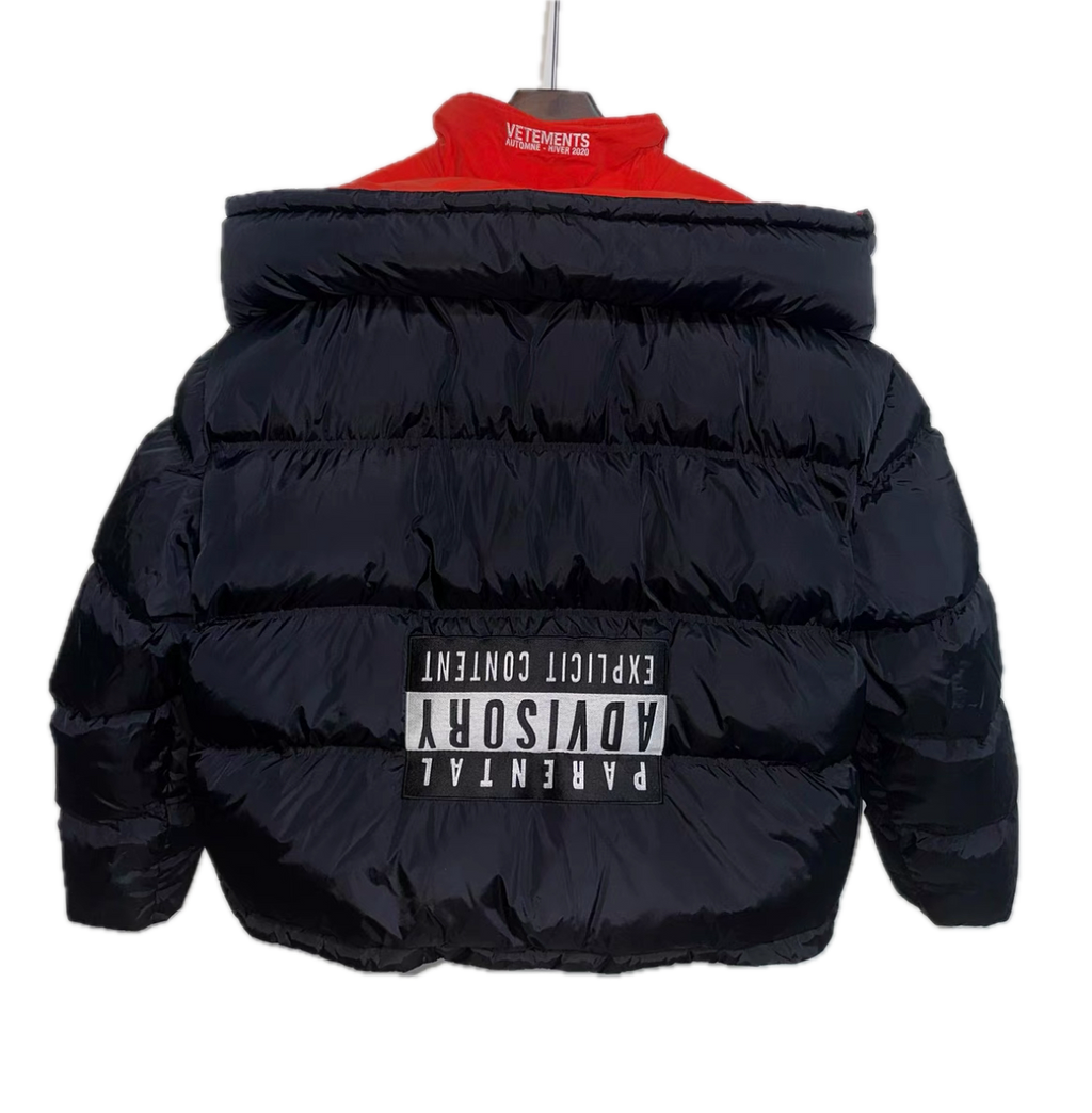 Vetements 19AW Upside Down Parental Advisory Label Puffer Bomber Jacket