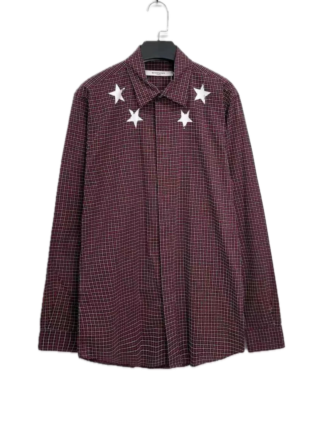 Givenchy Burgundy Distressed Star Plaid Shirt Jacket