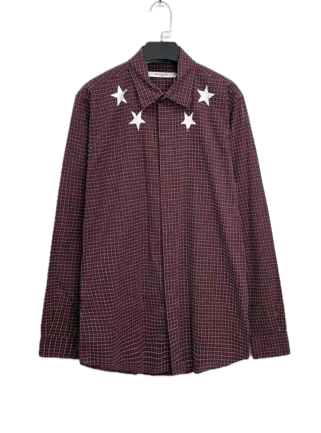 Givenchy Burgundy Distressed Star Plaid Shirt Jacket