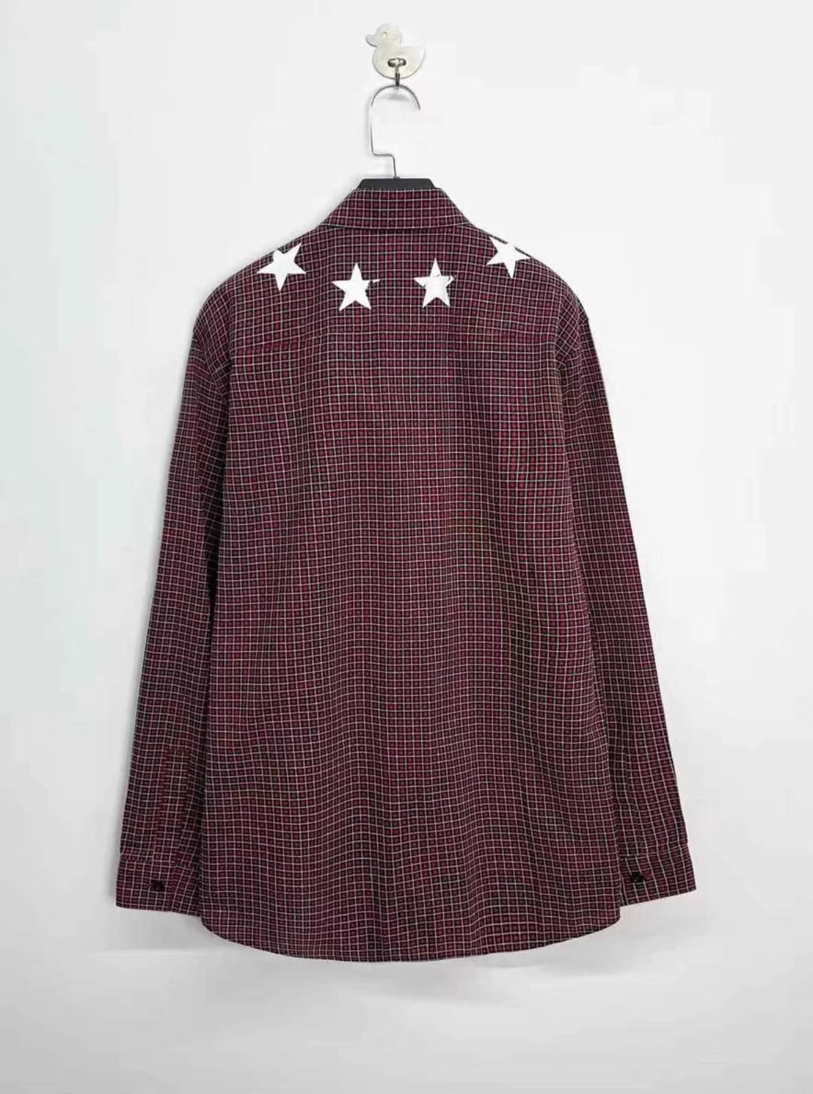 Givenchy Burgundy Distressed Star Plaid Shirt Jacket