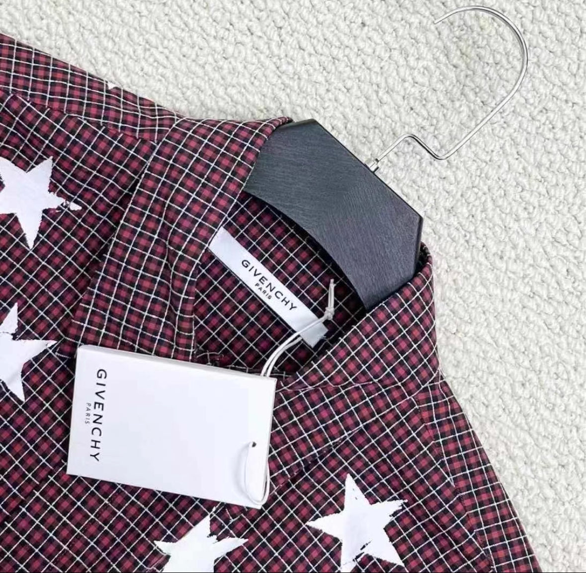 Givenchy Burgundy Distressed Star Plaid Shirt Jacket