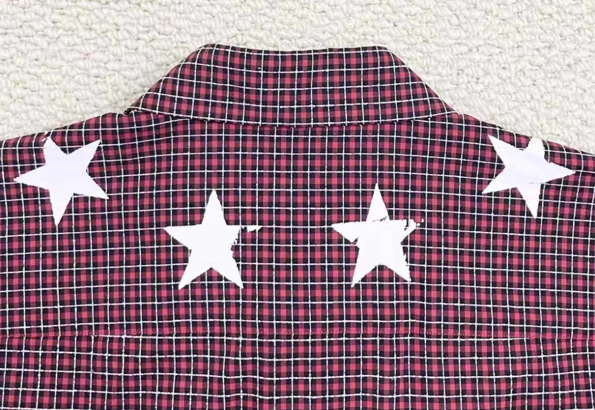 Givenchy Burgundy Distressed Star Plaid Shirt Jacket