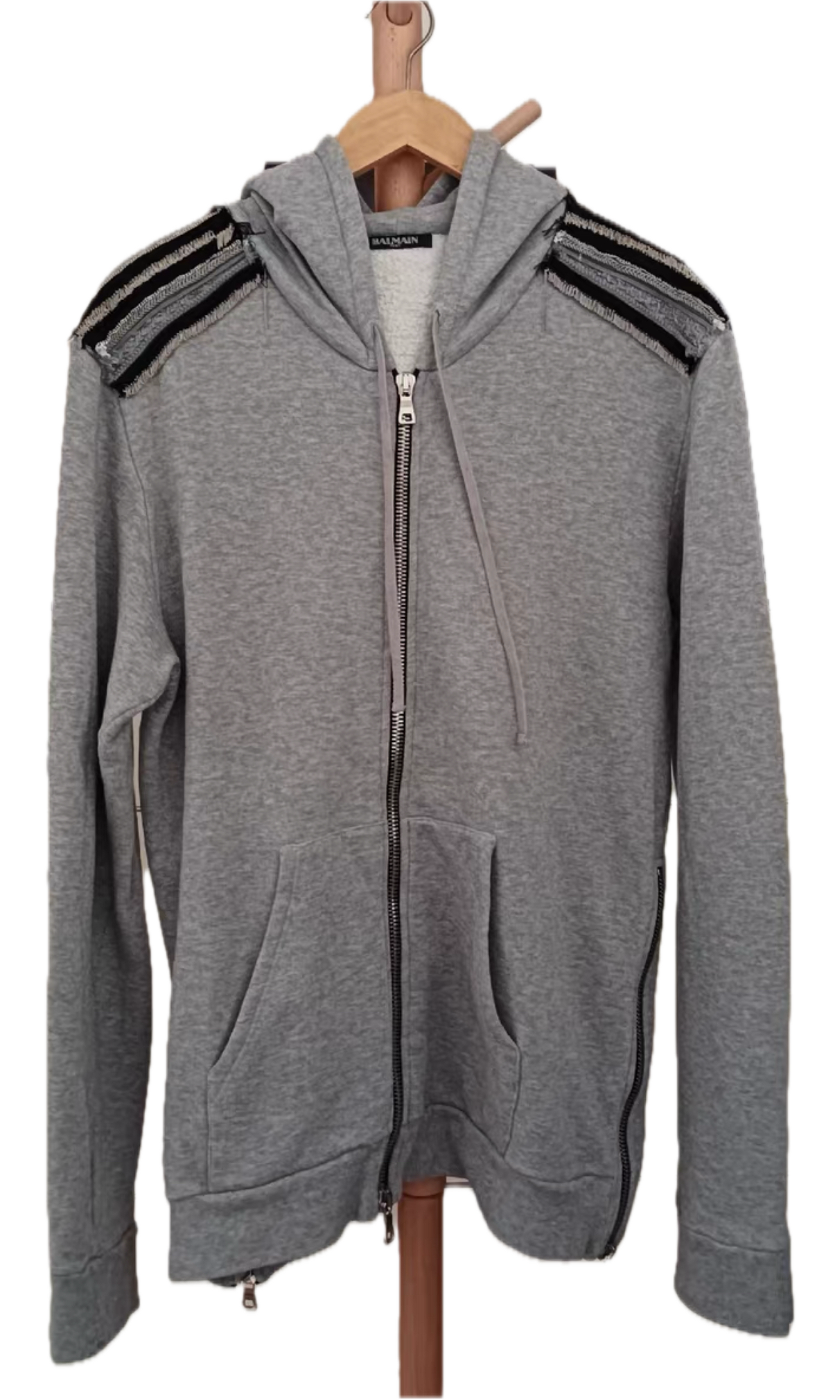 Balmain Homme Zipper Hoodie with Shoulder Accents
