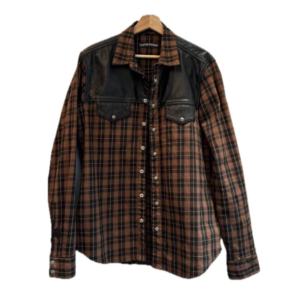 Chrome Hearts Plaid Leather-Panel Shirt w/ Silver Accents