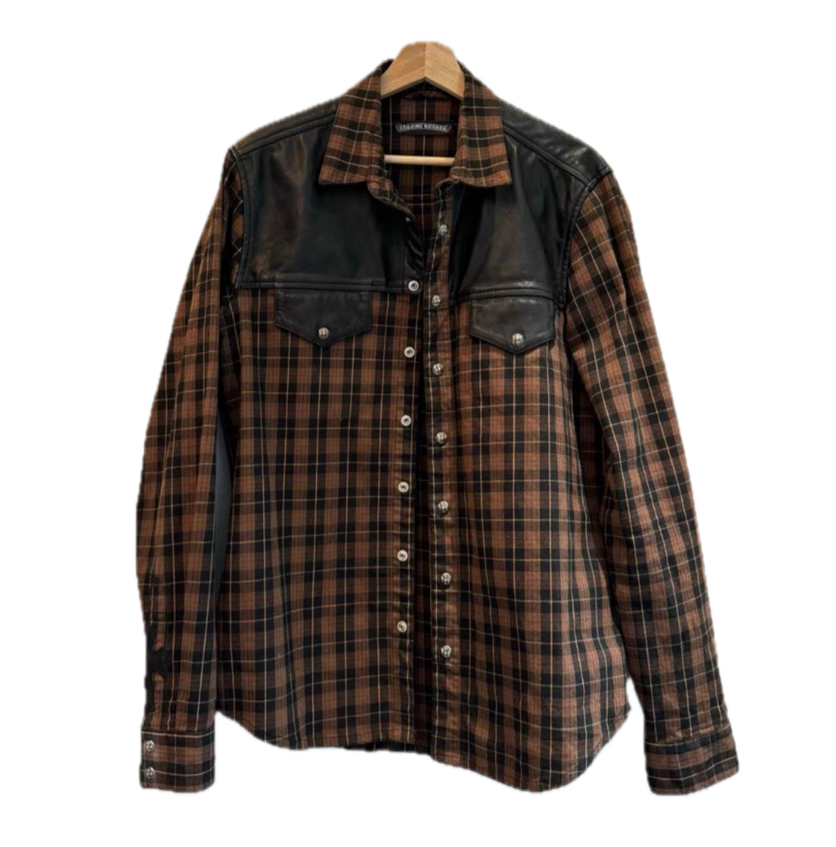 Chrome Hearts Plaid Leather-Panel Shirt w/ Silver Accents