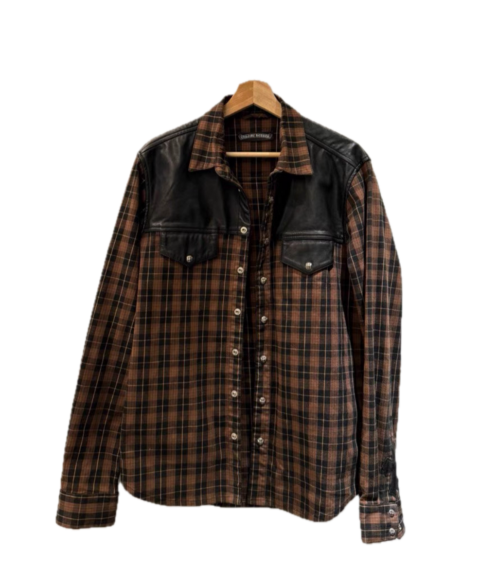 Chrome Hearts Plaid Leather-Panel Shirt w/ Silver Accents