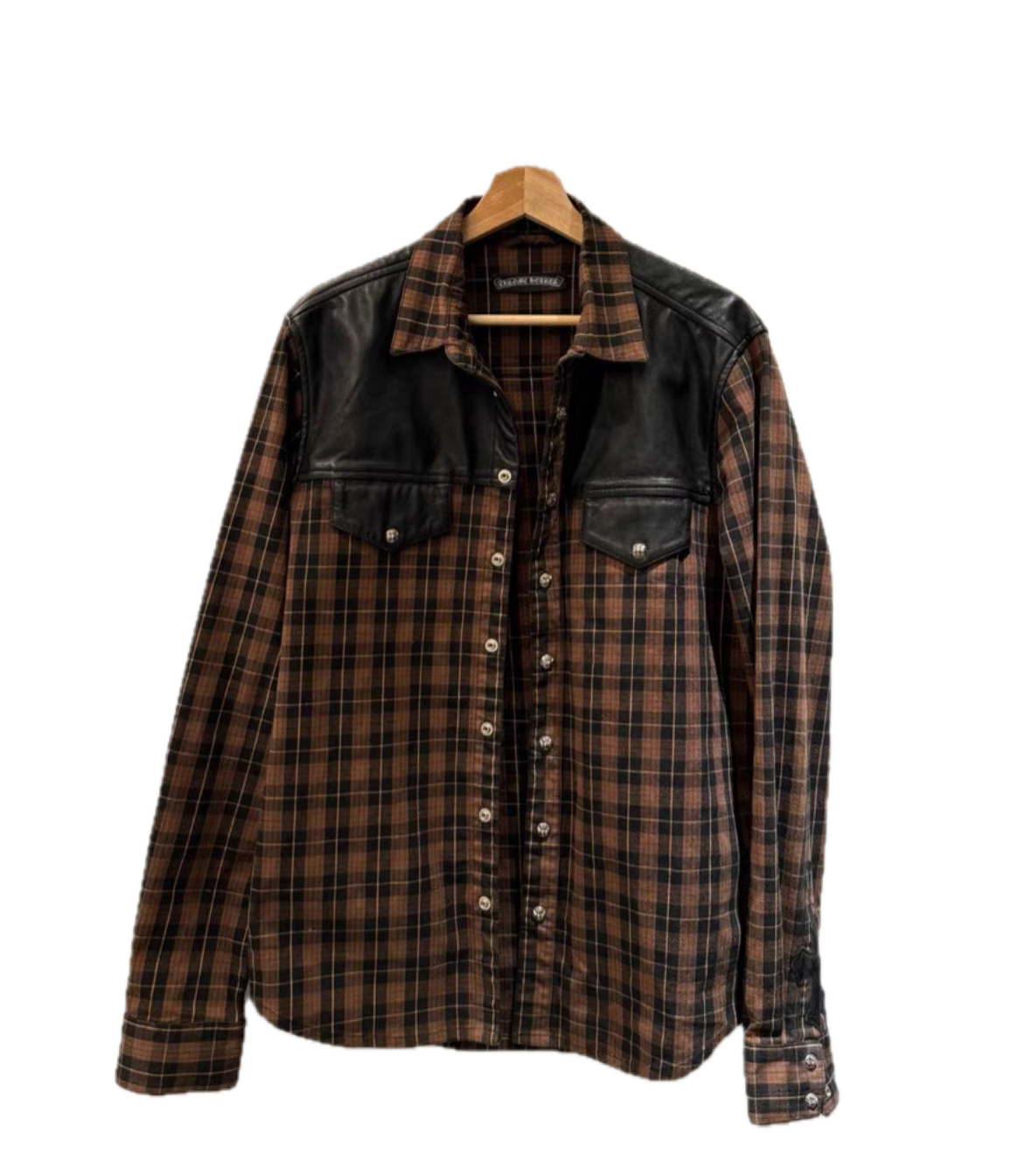 Chrome Hearts Plaid Leather-Panel Shirt w/ Silver Accents