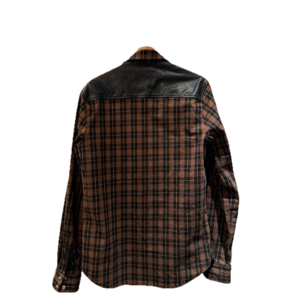 Chrome Hearts Plaid Leather-Panel Shirt w/ Silver Accents