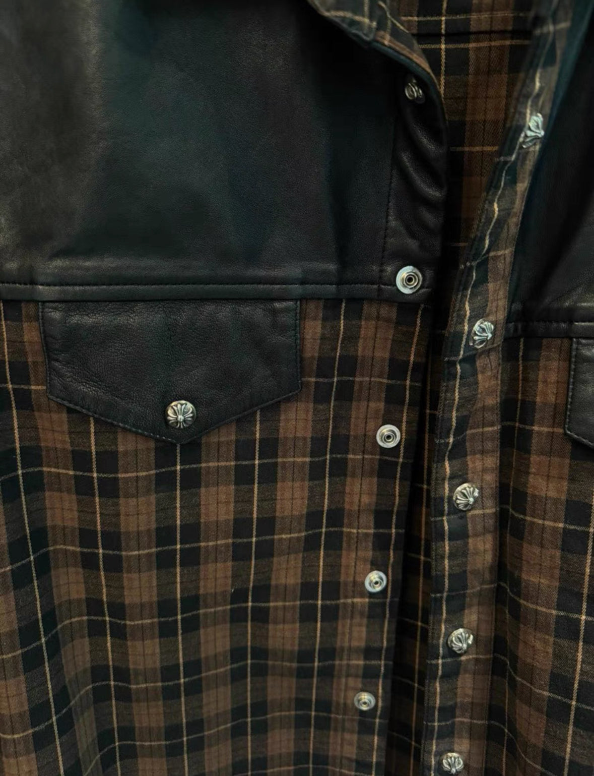 Chrome Hearts Plaid Leather-Panel Shirt w/ Silver Accents