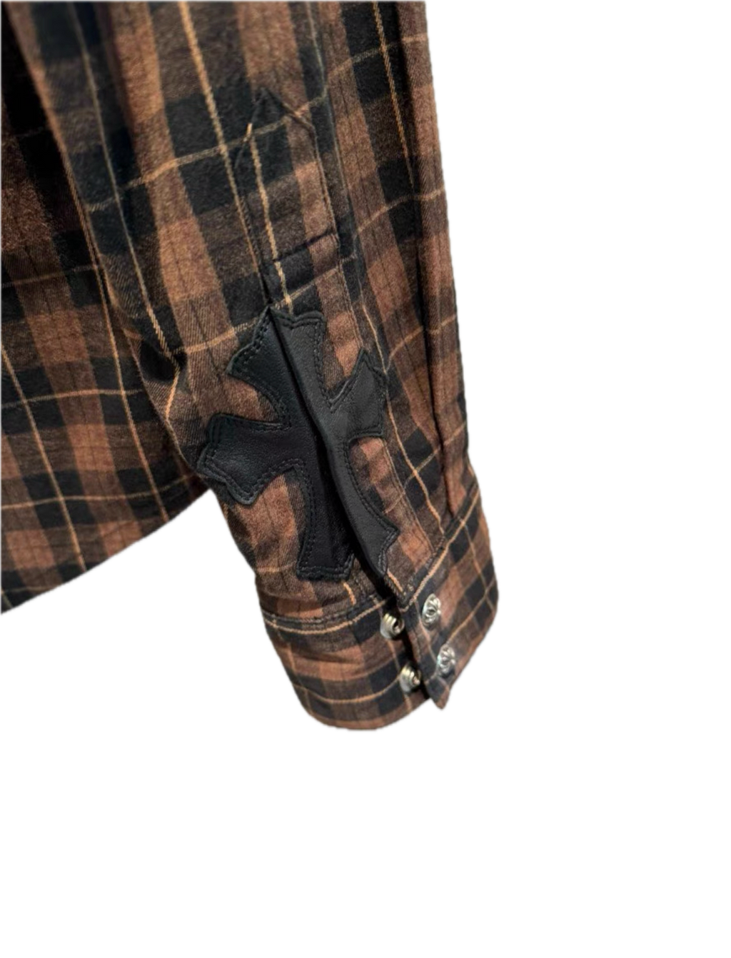 Chrome Hearts Plaid Leather-Panel Shirt w/ Silver Accents